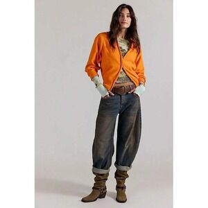 Free People‎ Kait Cardi Vibrant Orange Knit V-Neck Button Sweater Size Large NWT